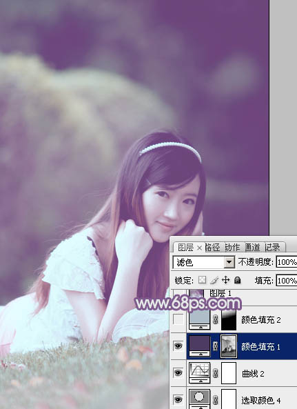 Photoshop为草地上的美女调制出唯美的中性紫色