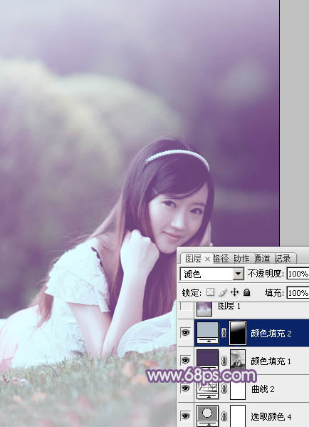 Photoshop为草地上的美女调制出唯美的中性紫色