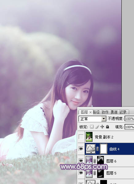 Photoshop为草地上的美女调制出唯美的中性紫色