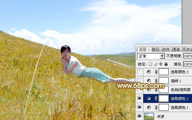 Photoshop为草坡上的美女调出秋季小清新的青黄色