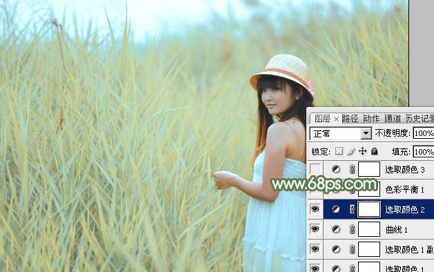 Photoshop给芦苇中的美女加上淡美清新的青黄色