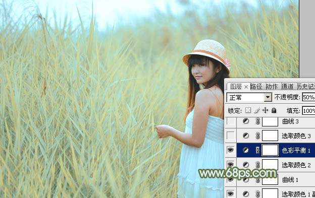 Photoshop给芦苇中的美女加上淡美清新的青黄色