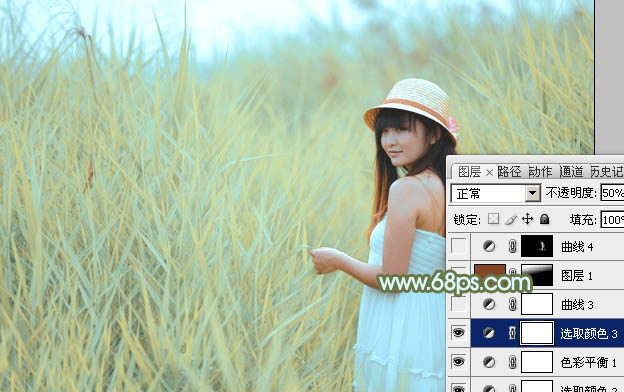 Photoshop给芦苇中的美女加上淡美清新的青黄色