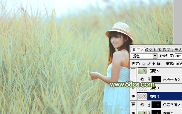 Photoshop给芦苇中的美女加上淡美清新的青黄色