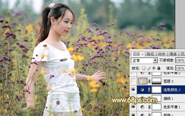 Photoshop为野花中的美女打造出唯美的粉黄色