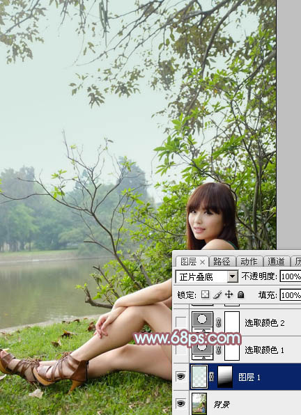 Photoshop为河边的美女增加柔和的韩系粉红色