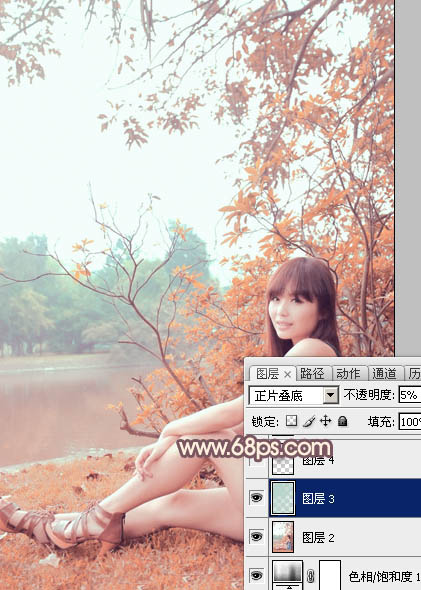 Photoshop为河边的美女加上漂亮的秋季粉红色