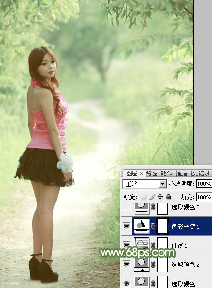 Photoshop将树丛中的人物调制出小清新的淡绿色
