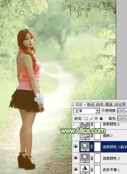 Photoshop将树丛中的人物调制出小清新的淡绿色