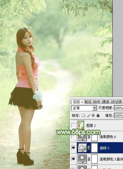 Photoshop将树丛中的人物调制出小清新的淡绿色