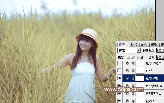 Photoshop将芦苇中的美女加上唯美的韩系淡黄色效果