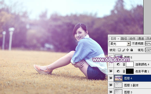 Photoshop将草地上的美女打造甜美的淡调蓝黄色