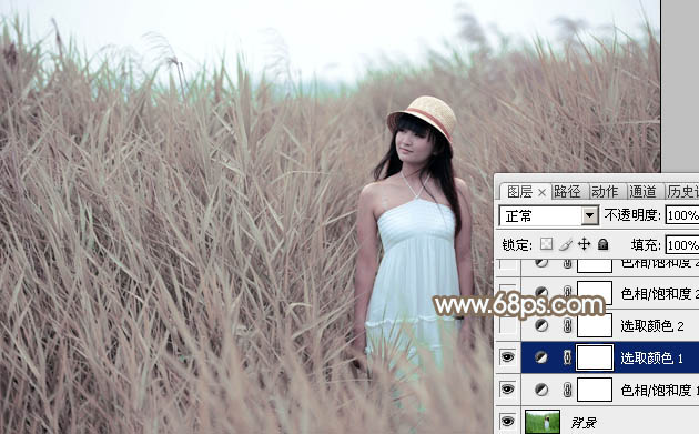 Photoshop为芦苇中的美女加上柔和的古典冷调粉褐色