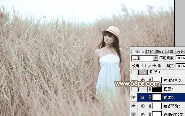Photoshop为芦苇中的美女加上柔和的古典冷调粉褐色