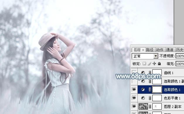 Photoshop为野外的美女调制出梦幻的淡青色