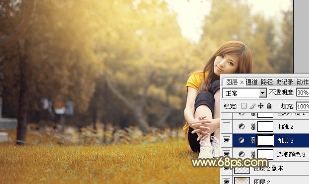 Photoshop为草地上的美女加上晨曦般的柔褐色