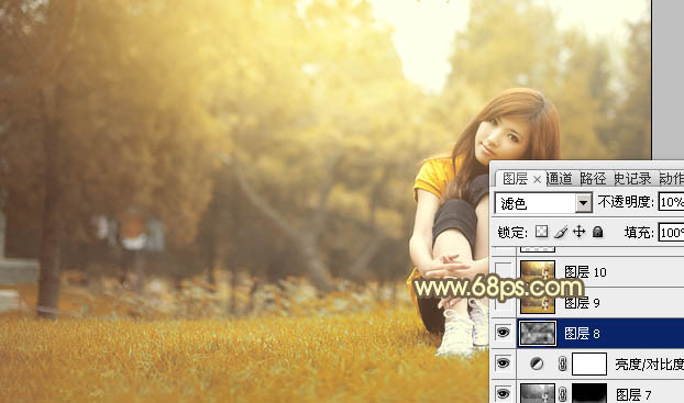 Photoshop为草地上的美女加上晨曦般的柔褐色