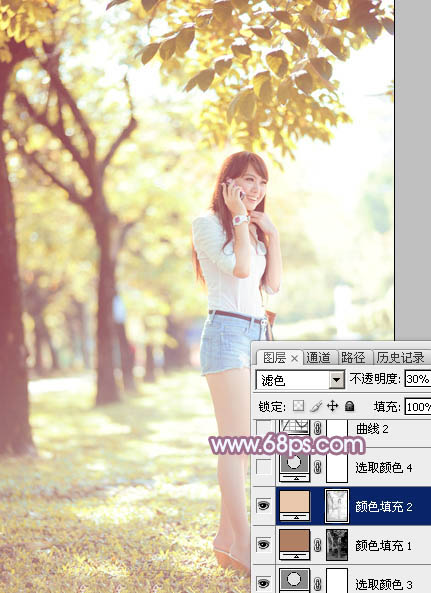 Photoshop为树荫下的美女图片打造淡淡柔美的蓝黄色