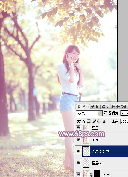 Photoshop为树荫下的美女图片打造淡淡柔美的蓝黄色