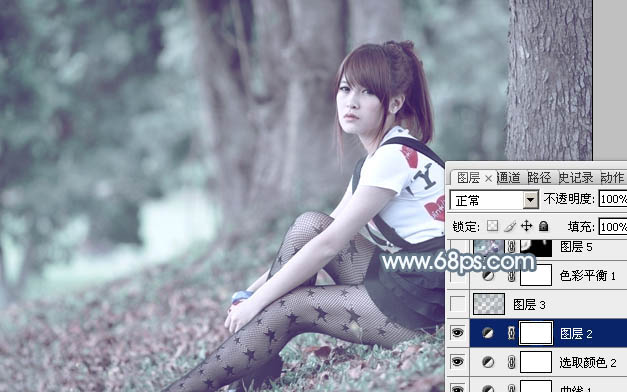 Photoshop为树林静坐的美女调制唯美的淡青色