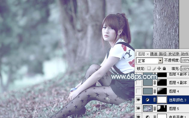 Photoshop为树林静坐的美女调制唯美的淡青色