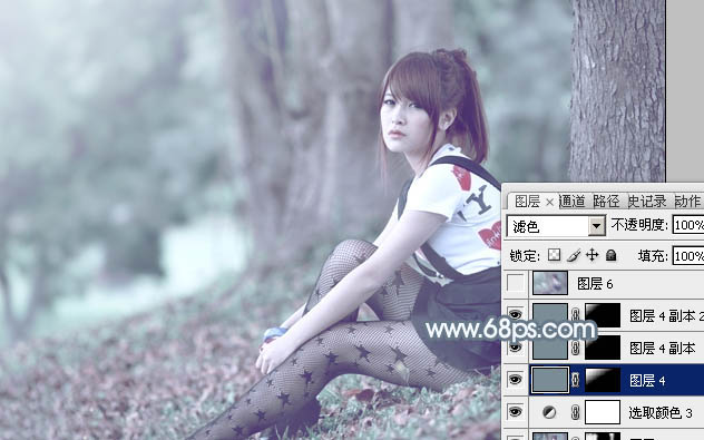 Photoshop为树林静坐的美女调制唯美的淡青色