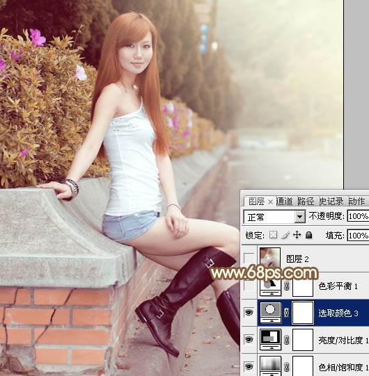 Photoshop将花坛边的美女加上漂亮的秋季暖褐色
