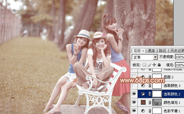 Photoshop为树边的美女加上柔美的中性淡红色