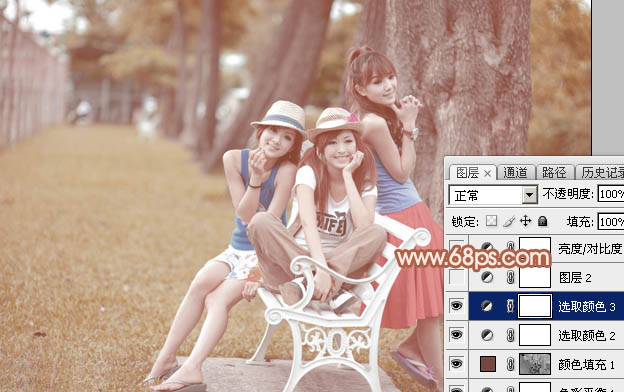 Photoshop为树边的美女加上柔美的中性淡红色