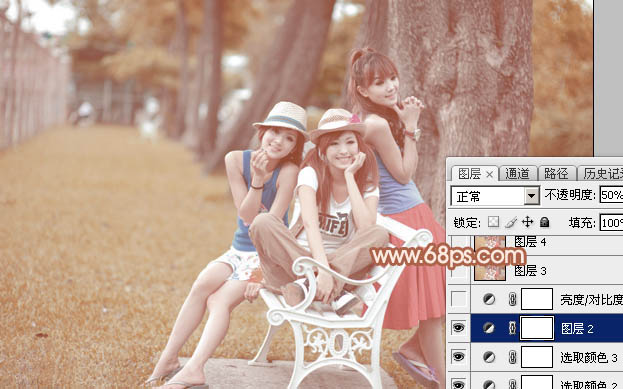 Photoshop为树边的美女加上柔美的中性淡红色