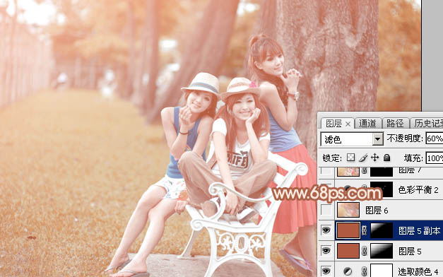 Photoshop为树边的美女加上柔美的中性淡红色