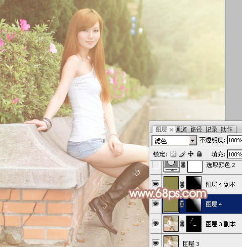 Photoshop为绿篱边的美女加上甜美的早春阳光色