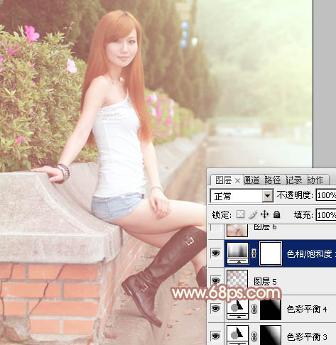 Photoshop为绿篱边的美女加上甜美的早春阳光色