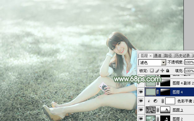 Photoshop打造唯美的淡绿色草地美女图片