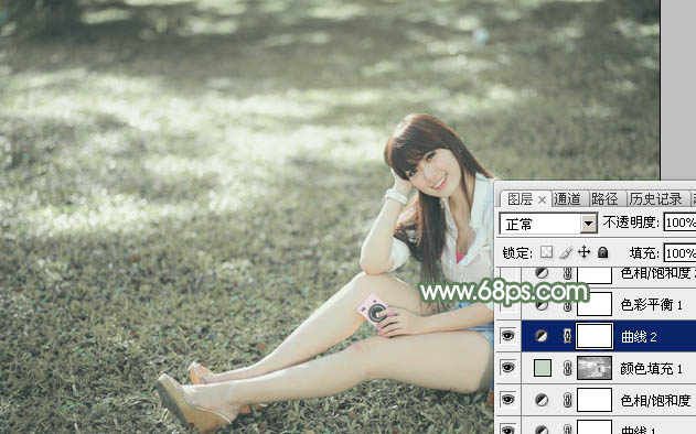 Photoshop打造唯美的淡绿色草地美女图片