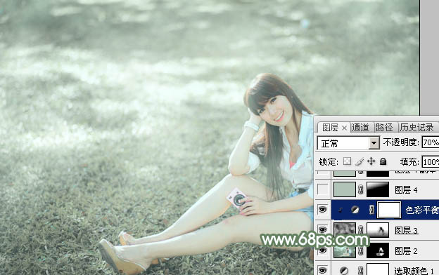 Photoshop打造唯美的淡绿色草地美女图片