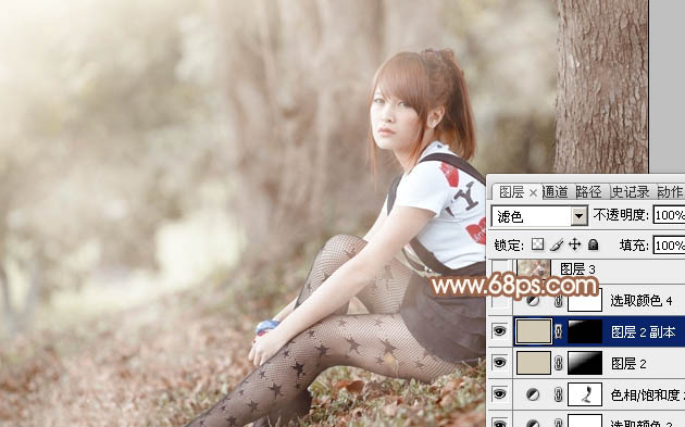 Photoshop为树林下的美女加上梦幻的淡调中性暖色