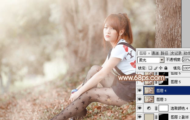 Photoshop为树林下的美女加上梦幻的淡调中性暖色