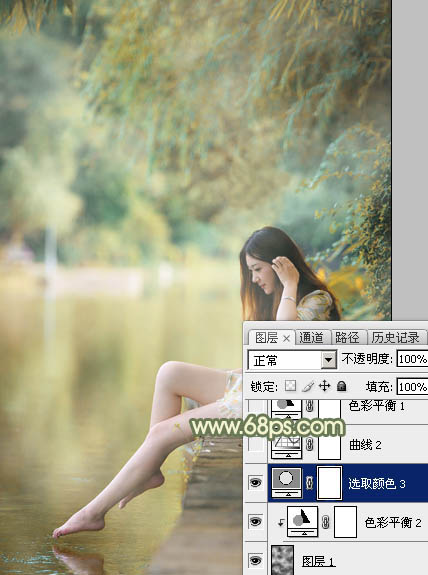 Photoshop调制出非常柔美的黄青色湖景美女图片