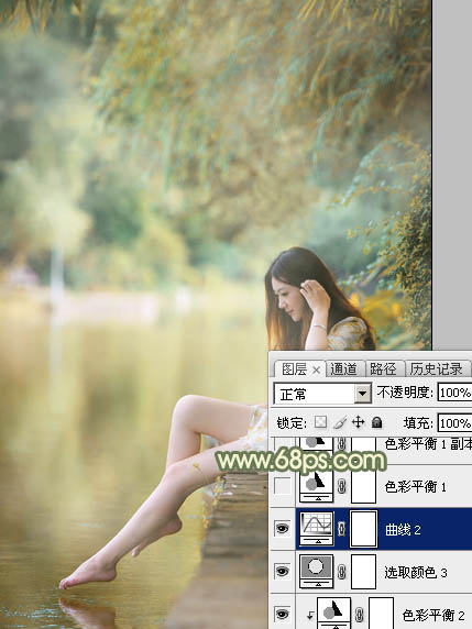 Photoshop调制出非常柔美的黄青色湖景美女图片