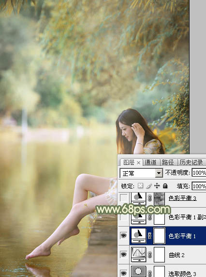 Photoshop调制出非常柔美的黄青色湖景美女图片