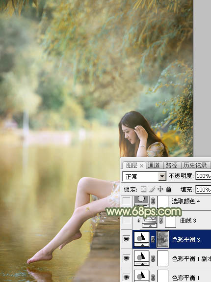 Photoshop调制出非常柔美的黄青色湖景美女图片