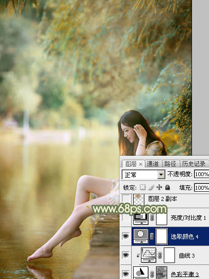 Photoshop调制出非常柔美的黄青色湖景美女图片