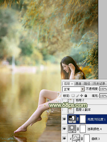 Photoshop调制出非常柔美的黄青色湖景美女图片