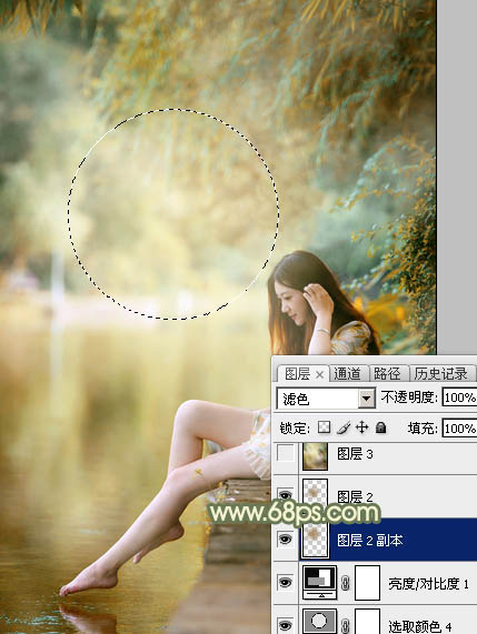 Photoshop调制出非常柔美的黄青色湖景美女图片