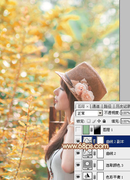 Photoshop将绿树边的美女调制出甜美的橙绿色
