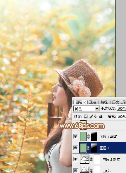 Photoshop将绿树边的美女调制出甜美的橙绿色