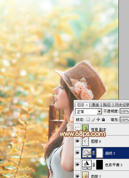 Photoshop将绿树边的美女调制出甜美的橙绿色