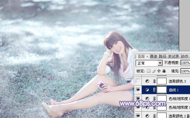 Photoshop为绿草中的美女加上梦幻的青蓝色