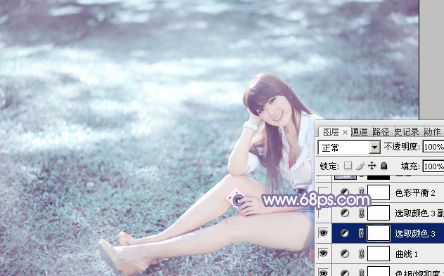 Photoshop为绿草中的美女加上梦幻的青蓝色